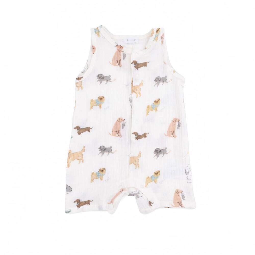 NEW ANGEL DEAR kids awesome dogs muslin sleeveless shortie romper in white